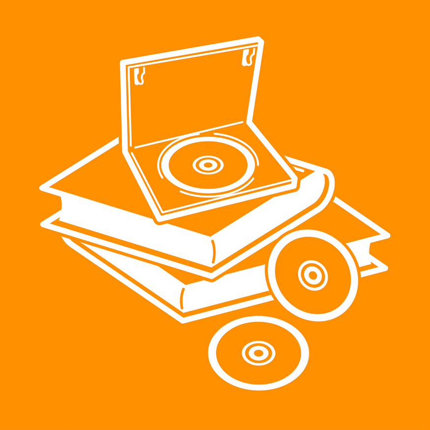 white outline image of 2 books and 3 Cd's on a orange back ground