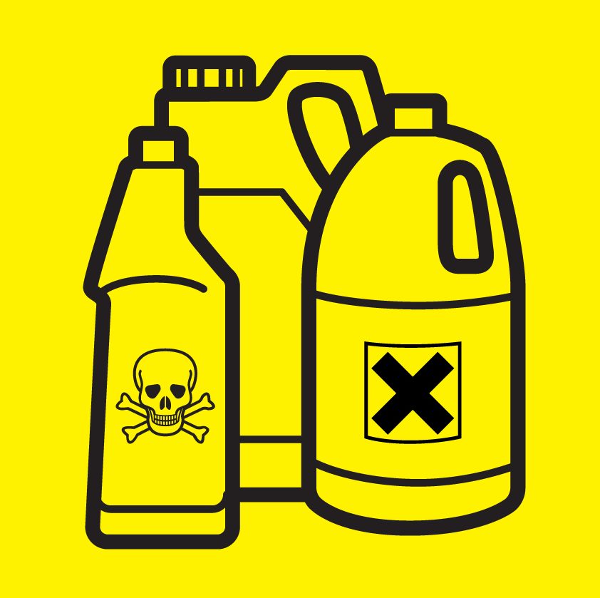 black outline images of chemical cleaning product bottles on a yellow background