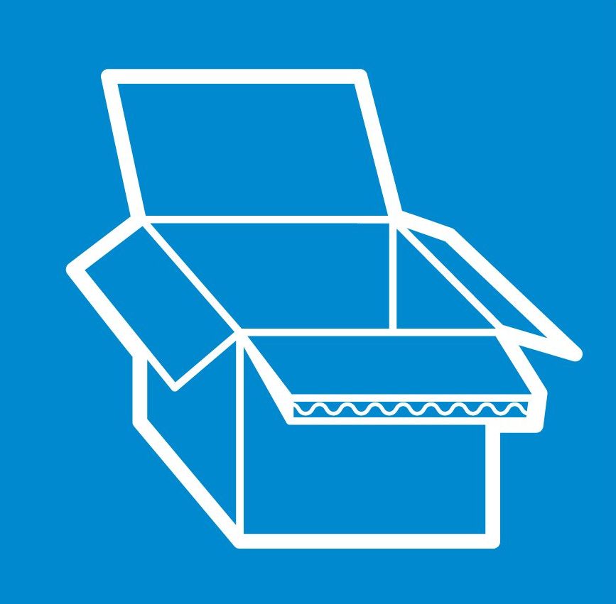 white outline image of a carboard box on a blue back ground