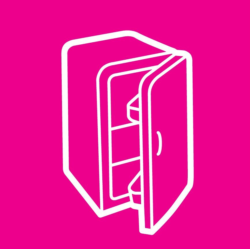 white outline image of a fridge on a pink background