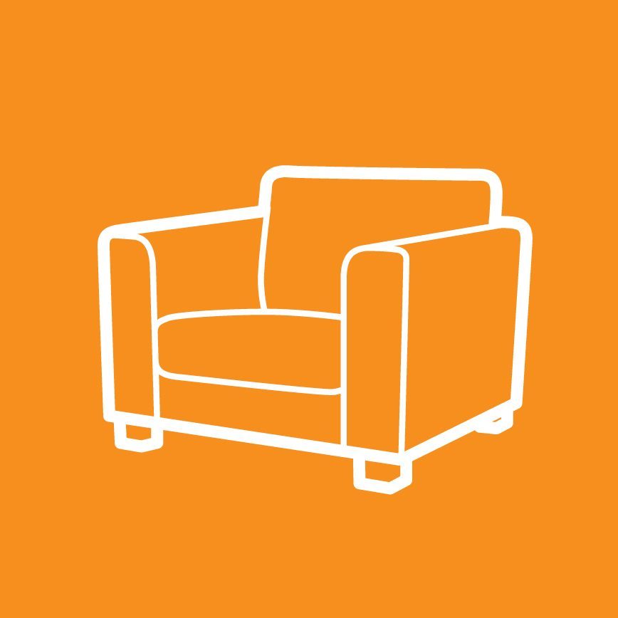 white outline image of a arm chair on an orange background
