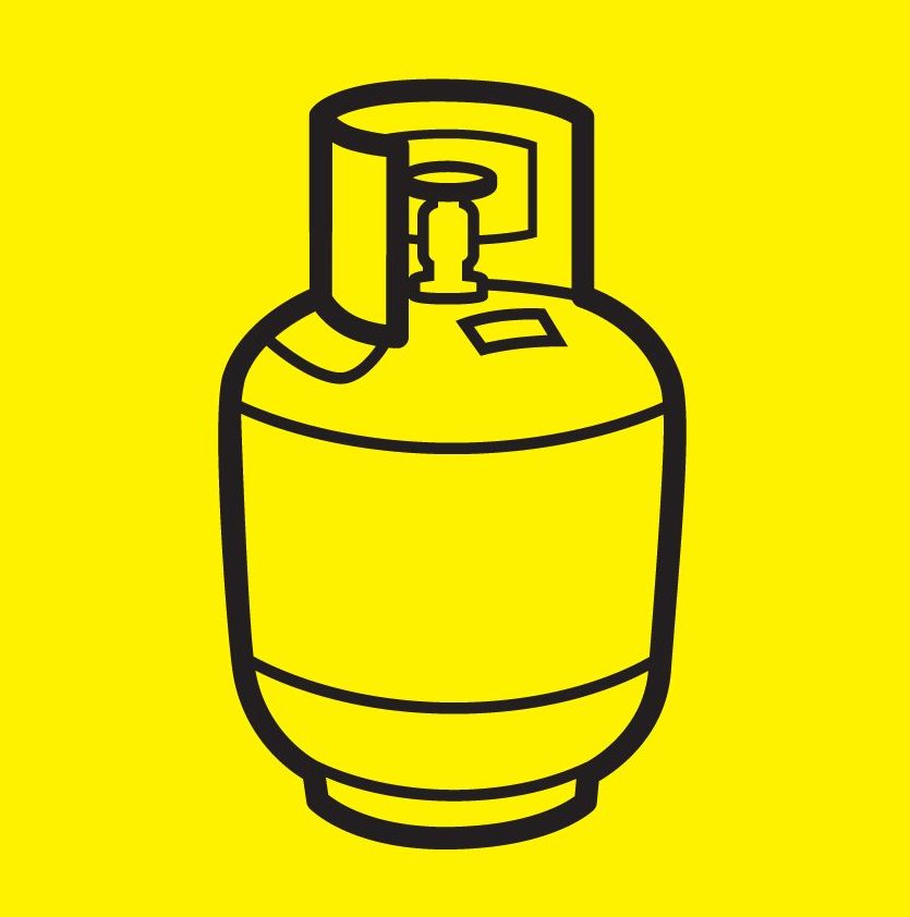black outline image of a gas bottle on a yellow background