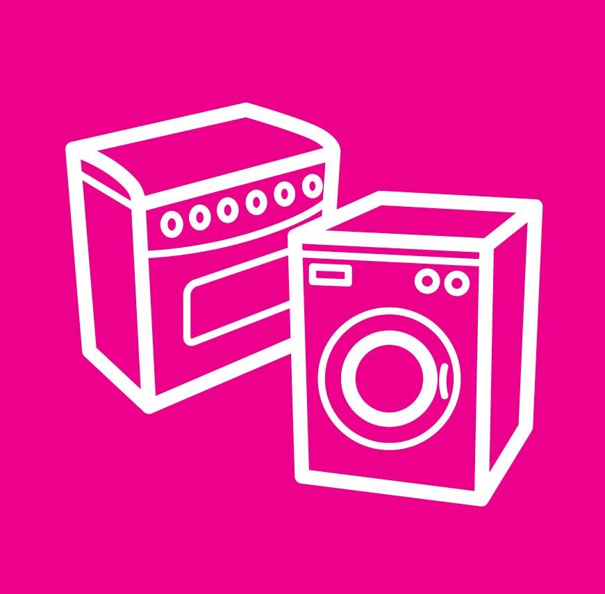 white outline image of a cooker and washing machine on a pink background