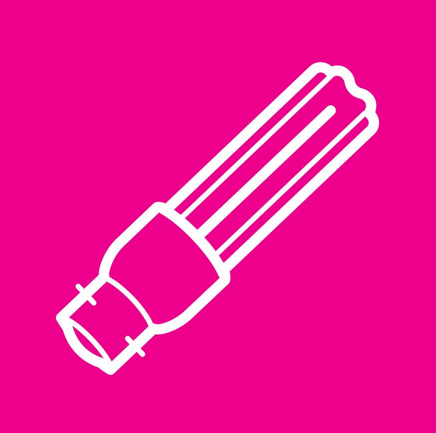 white outline image of a low energy light blub on a pink background