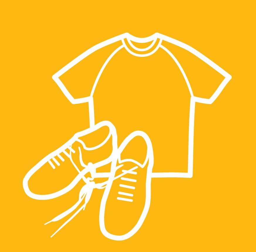 White outline image of a t-shirt and shoes on a yellow background