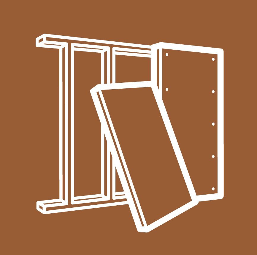 white outline image of a frame and plaster board on a brown background