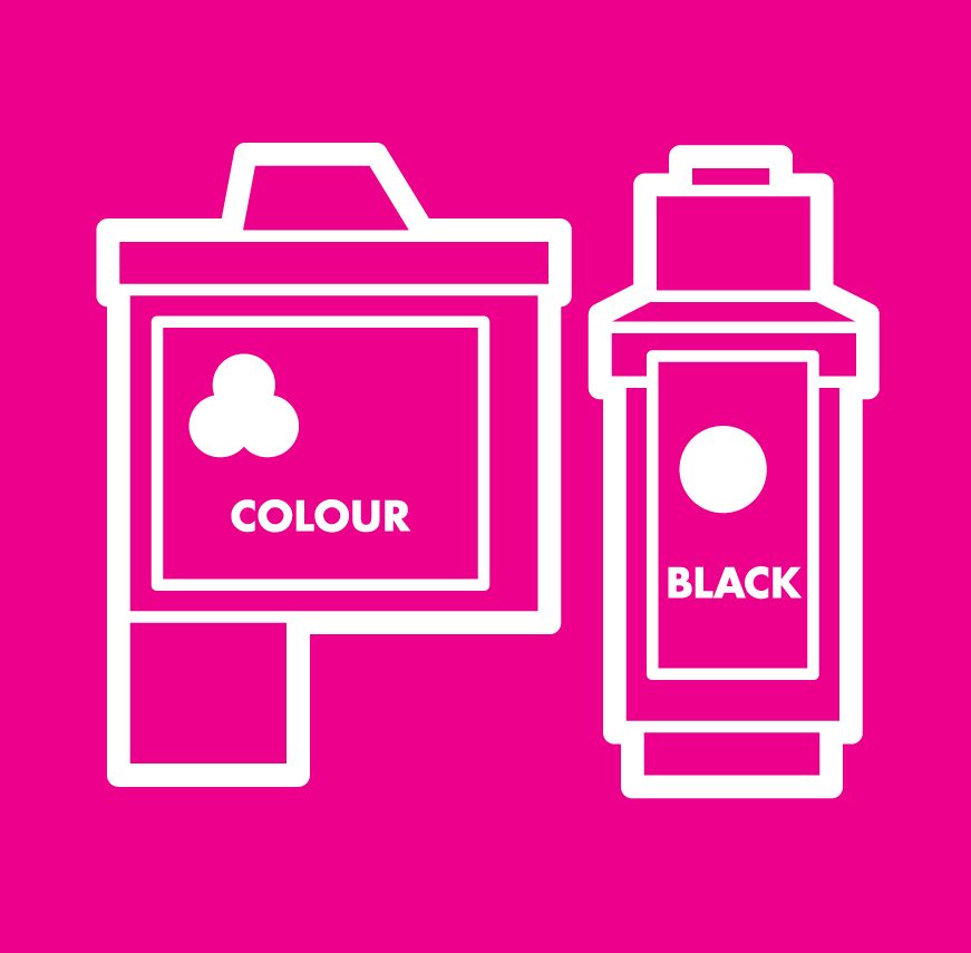 white outline image of 2 ink cartridges on a pink background