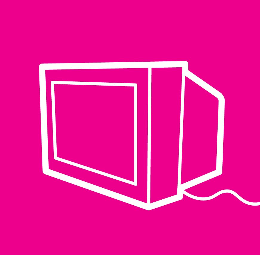 white outline image of a television on a pink background