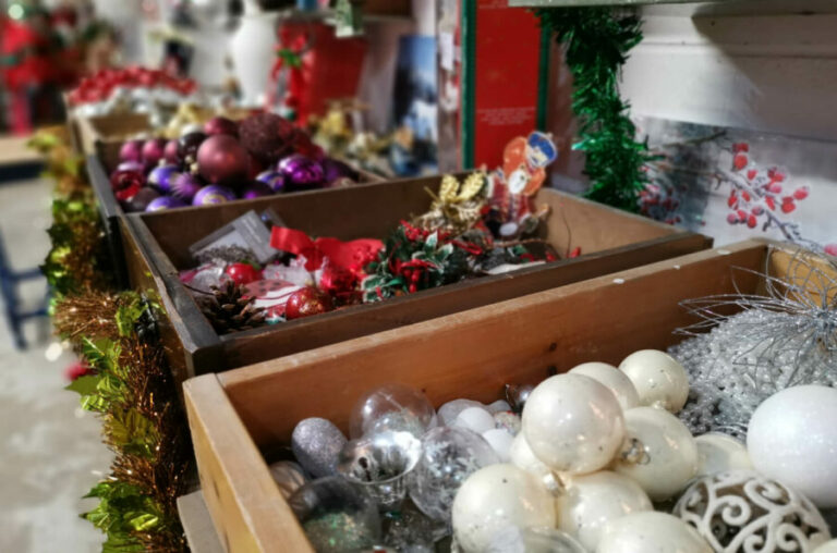 Christmas decorations available from a charity shop © Emmaus Mossley e1689784674422