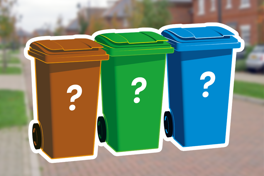 three wheelie bins with question marks on them.