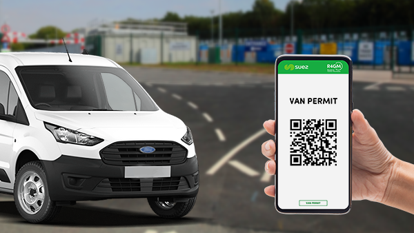 image of a white van at a recycling centre and a phone showing a van permit QR code