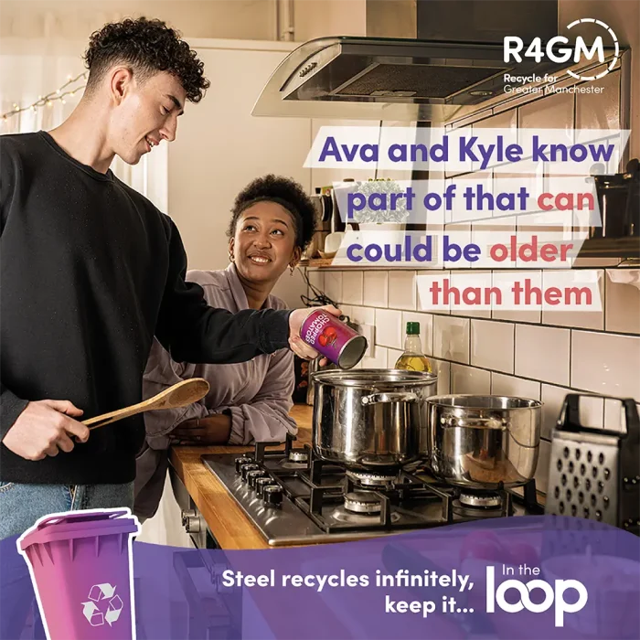In the Loop campaign; young couple cooking chopped tomatoes on the hob with the wording 