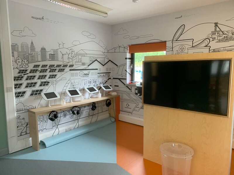 View of Longley Lane visitor centre, interactive screens and wallpaper with illustration of 'green' activities.