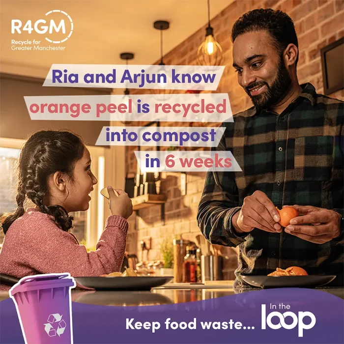 In the Loop campaign; father and daughter smiling at each other in the kitchen peeling oranges with the wording 