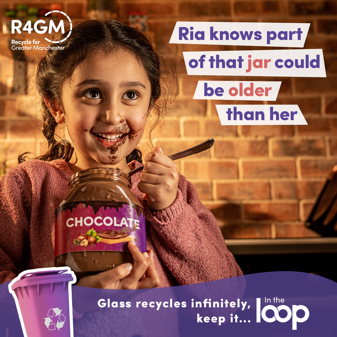 In the Loop campaign; smiling young girl eating chocolate spread from the jar with words 