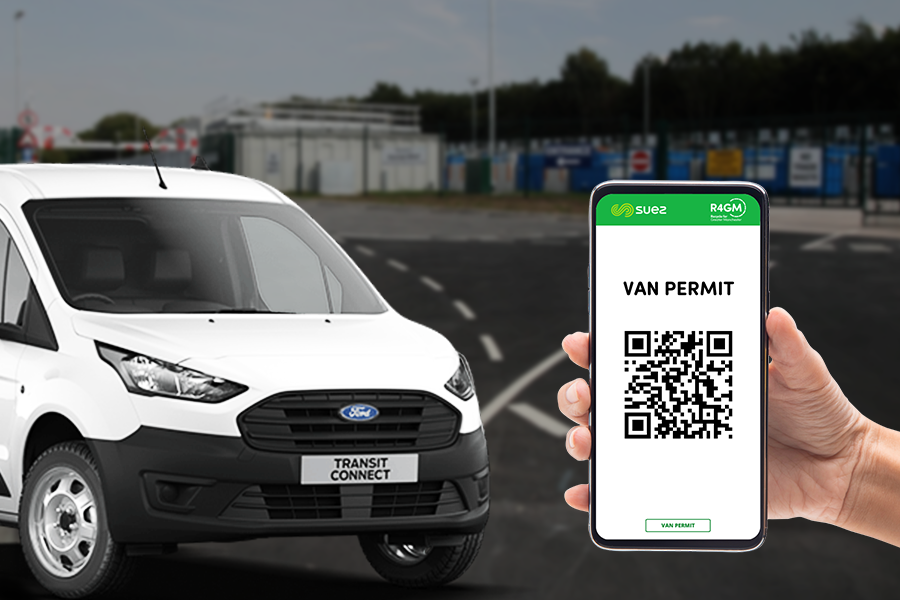 image of a white van at a recycling centre and a phone showing a van permit QR code