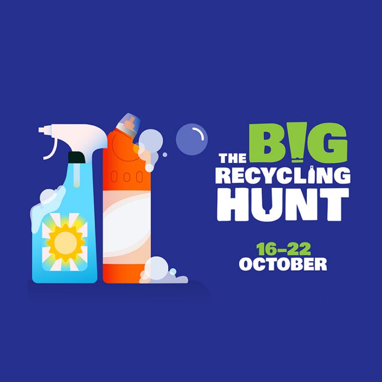 The Big Recycling Hun 16-22 October. Vector graphic of plastic spray bottle and plastic bleach bottle