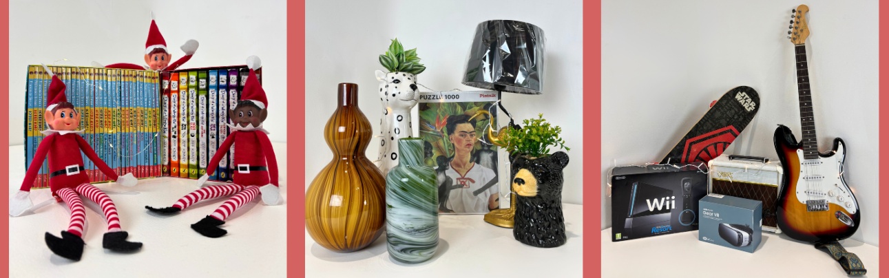 a variety of christmas gifts such as books, art, decorations, and electronics available at renew. 