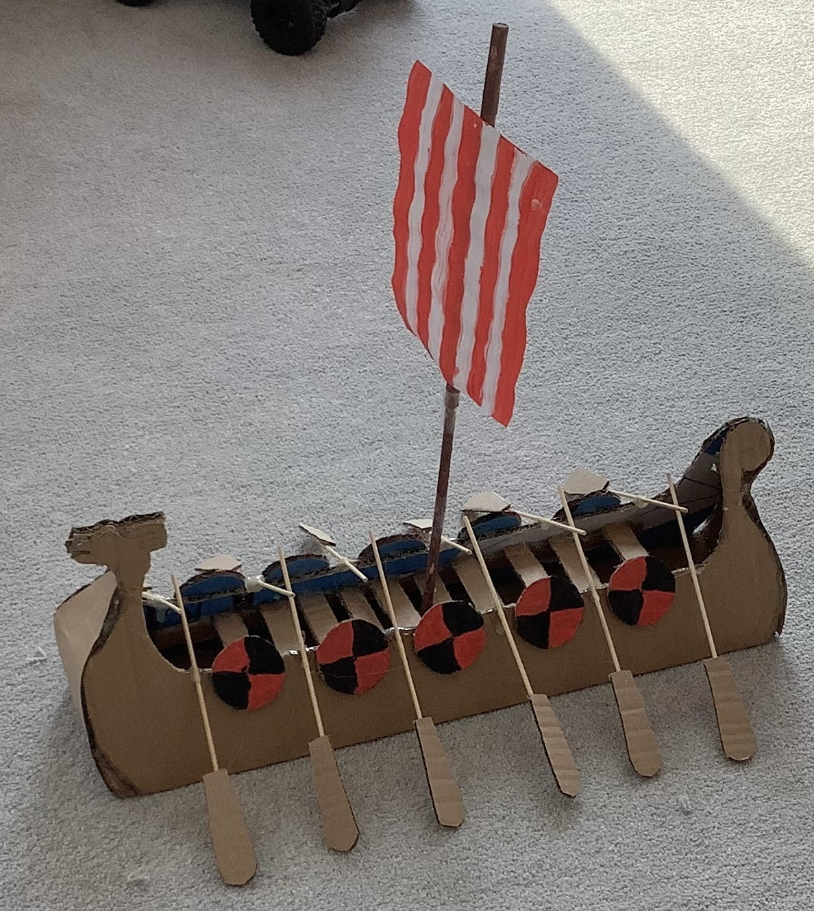 An Anglo Saxon boat made from cardboard