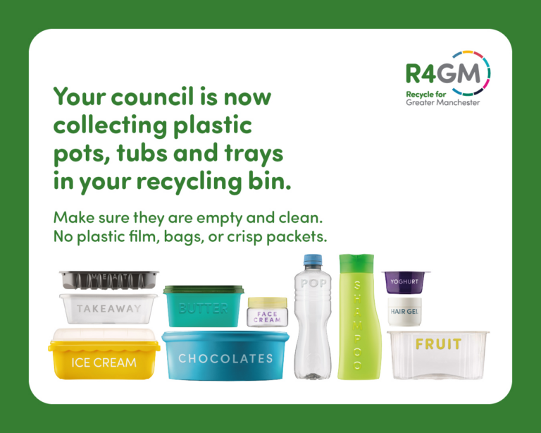 Your council is now collecting plastic pots tubs and trays in your recycling bin. Make sure they're empty and clean. No plastic film, bags, or crisp packets.