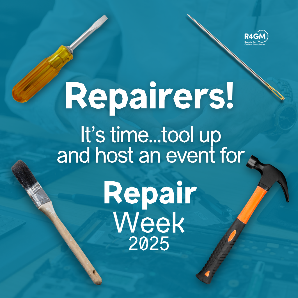 Tools on a blue background. Repairers! It's time, tool up and host an event for Repair Week 2025