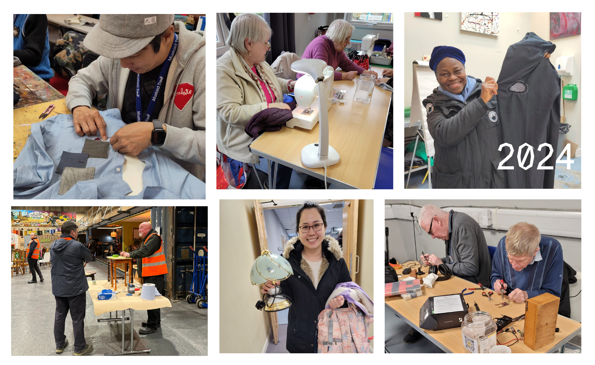 Photos show people sewing textiles, fixing electricals and holding up repaired items at repair week events that took place in 2024