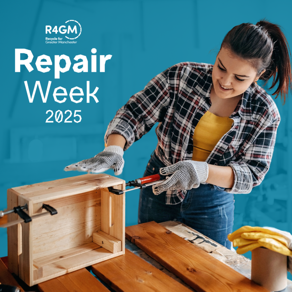woman wearing work gloves fixed a clamp onto a wooden box. Repair Week 2025