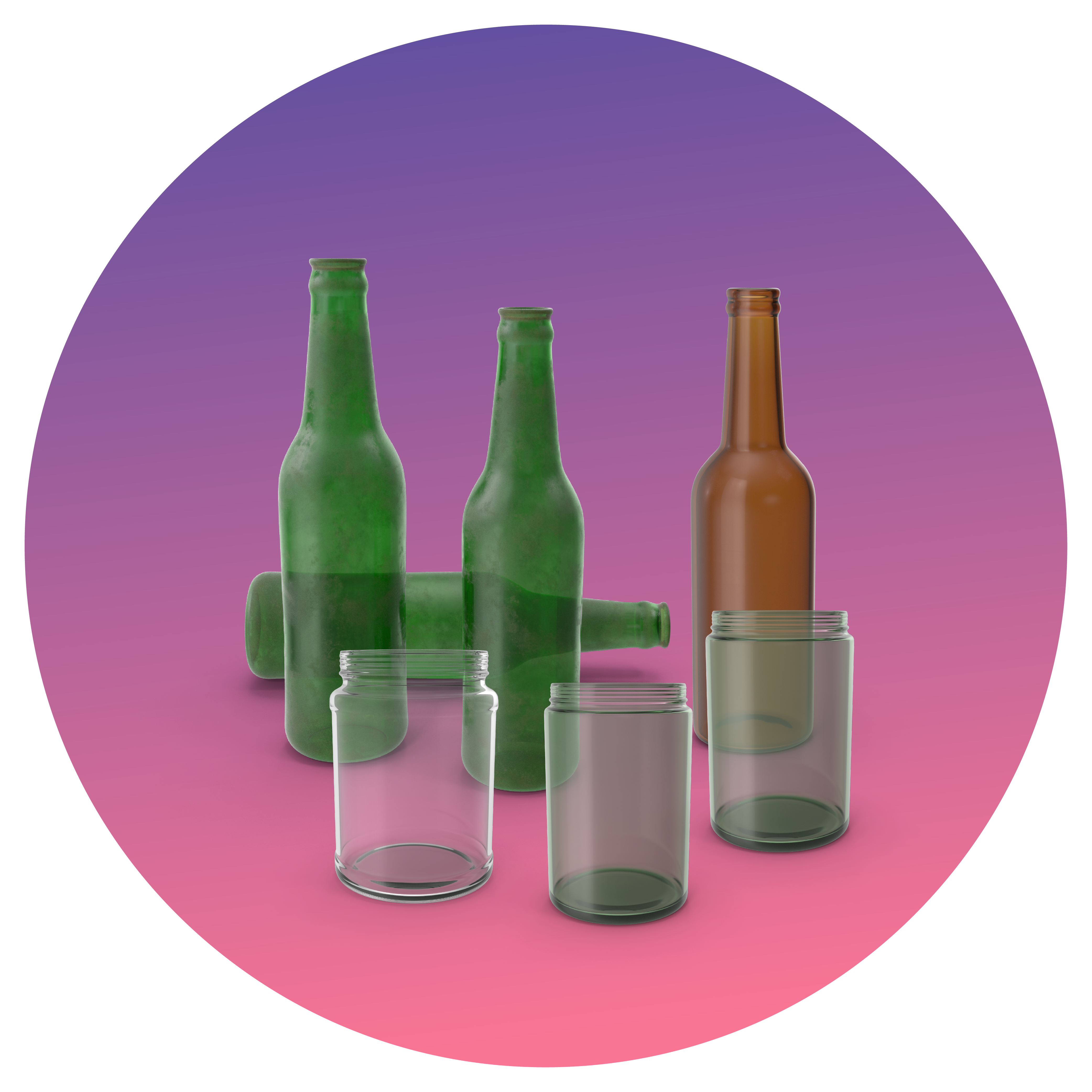 a variety of glass bottles and glass jars on a purple & pink gradient background